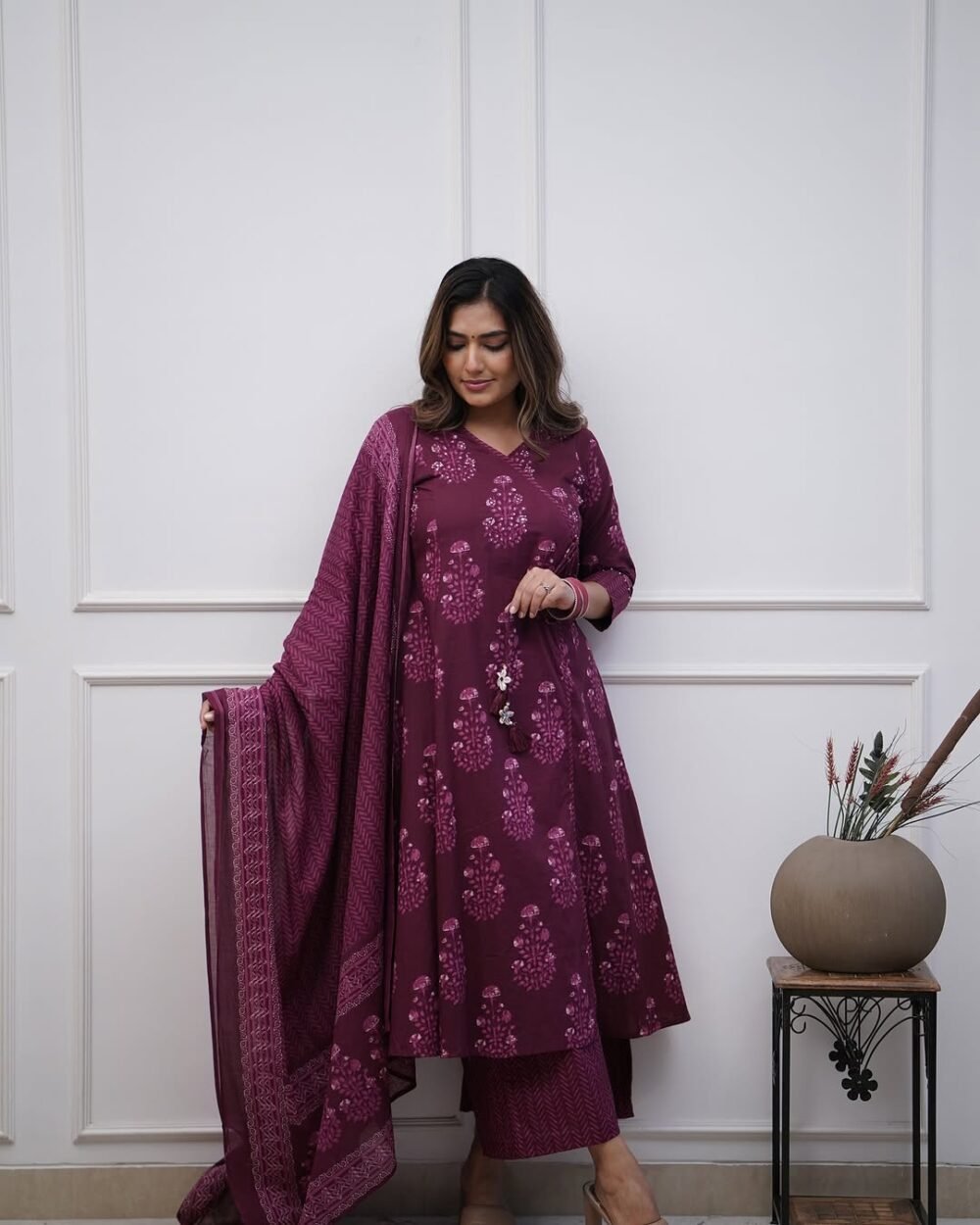 Cotton Angrakha Style Anarkali Set with Mirror Work - Image 4