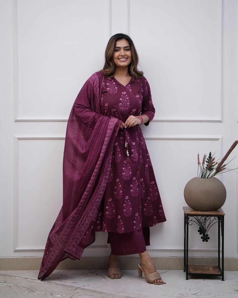 Cotton Angrakha Style Anarkali Set with Mirror Work - Image 5