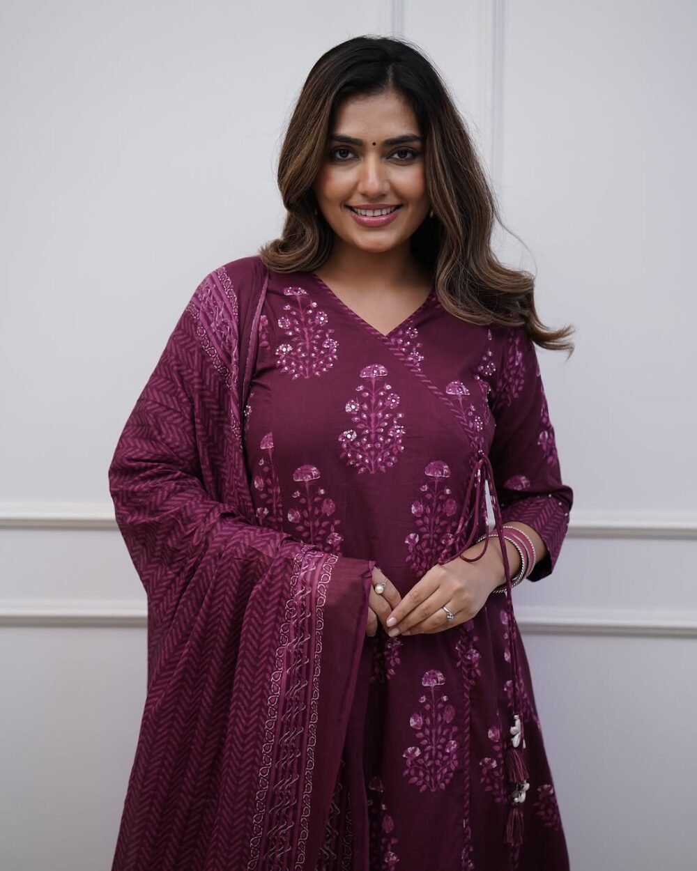 Cotton Angrakha Style Anarkali Set with Mirror Work - Image 7