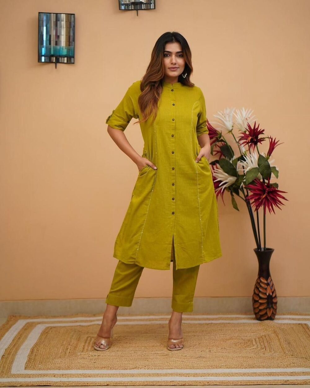 Cotton Slub Pant-Set with Pockets & Embroidery Detailing - Image 7