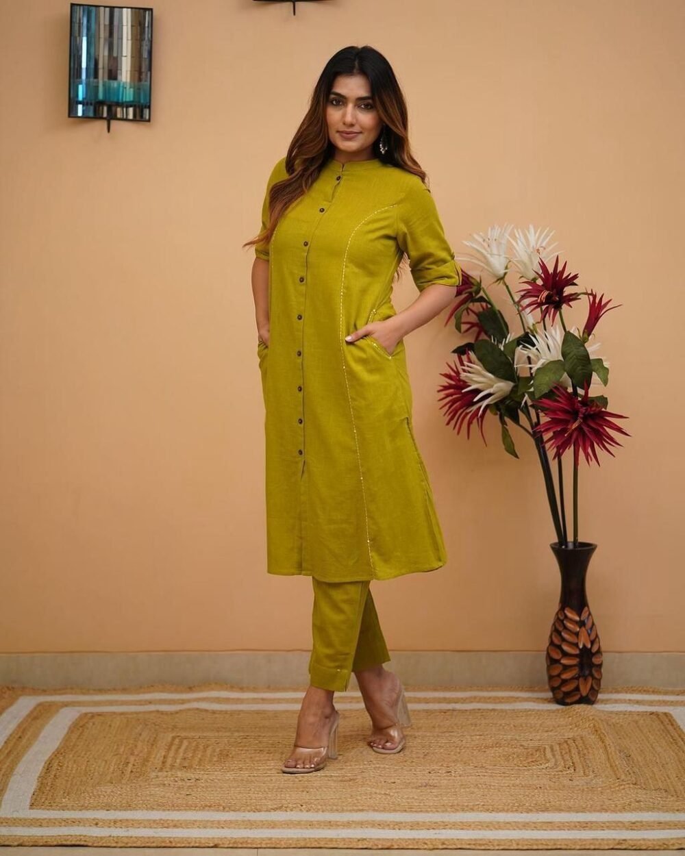 Cotton Slub Pant-Set with Pockets & Embroidery Detailing - Image 5