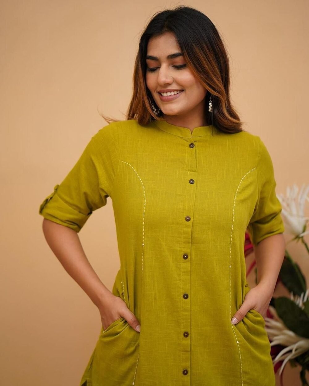 Cotton Slub Pant-Set with Pockets & Embroidery Detailing - Image 4