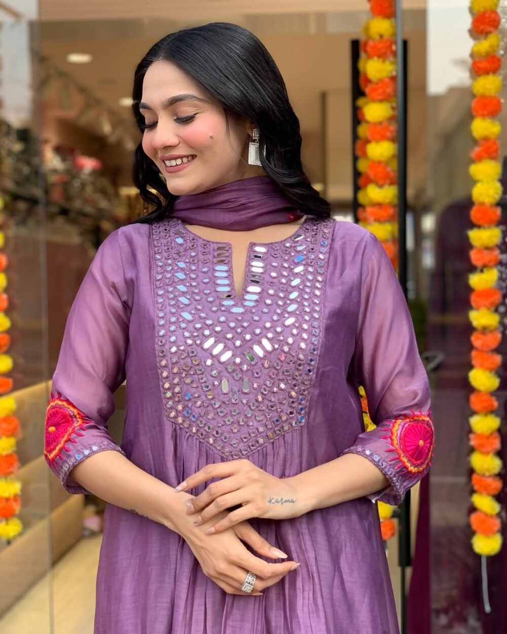 Hand Embroidered Anarkali 3-Piece Set in Chanderi with Flared Skirt - Image 3