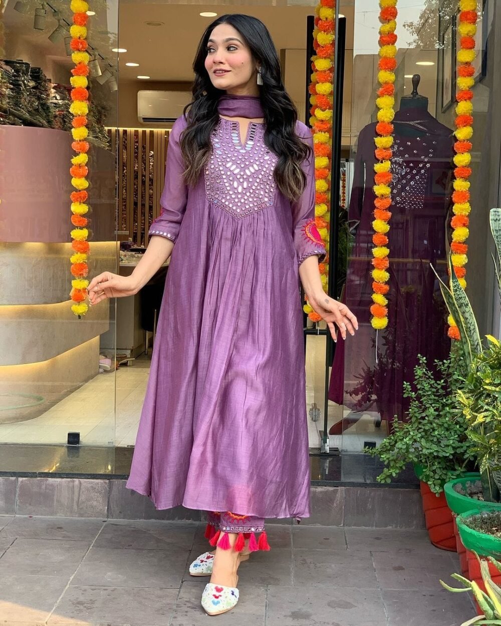 Hand Embroidered Anarkali 3-Piece Set in Chanderi with Flared Skirt - Image 4