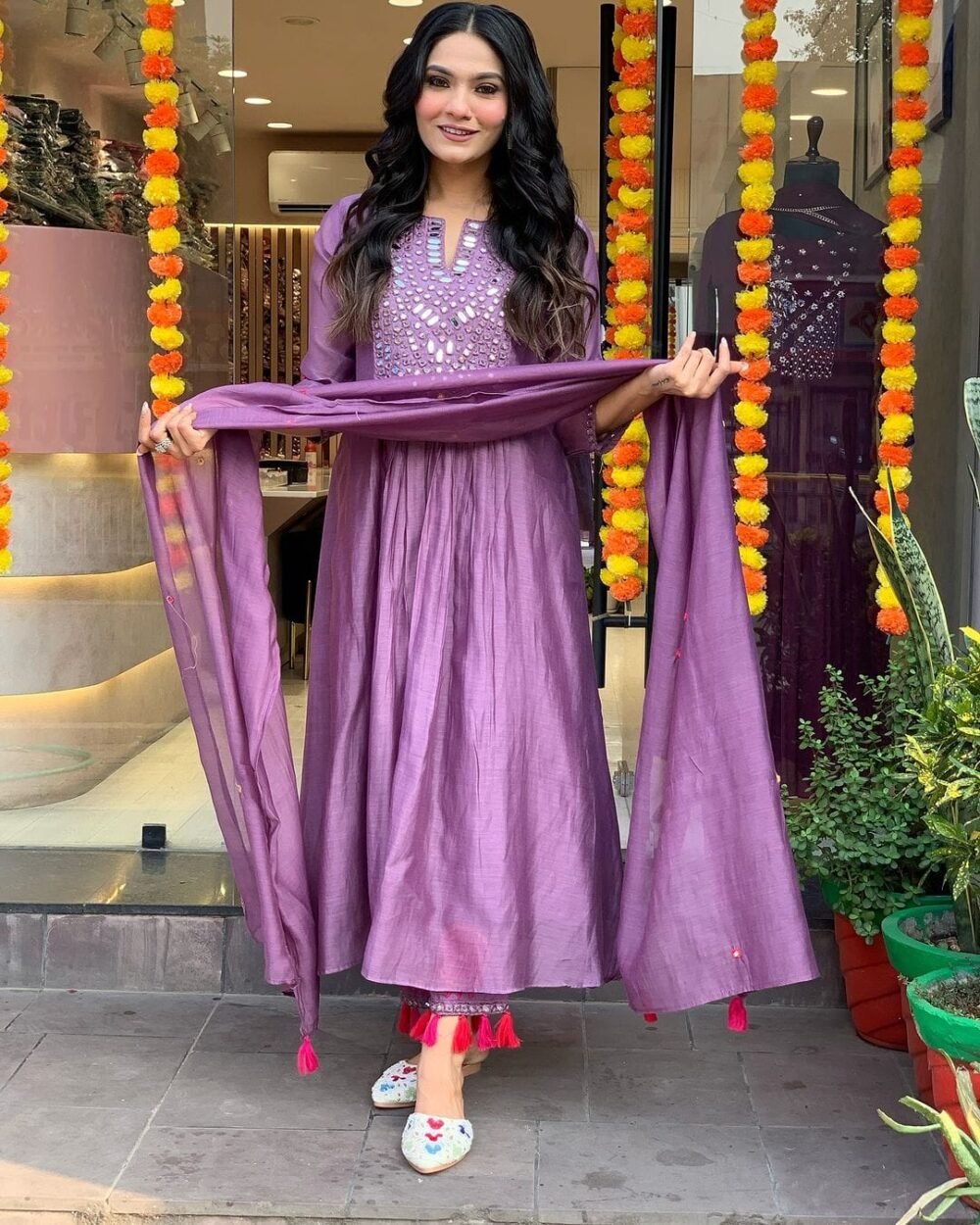 Hand Embroidered Anarkali 3-Piece Set in Chanderi with Flared Skirt - Image 5