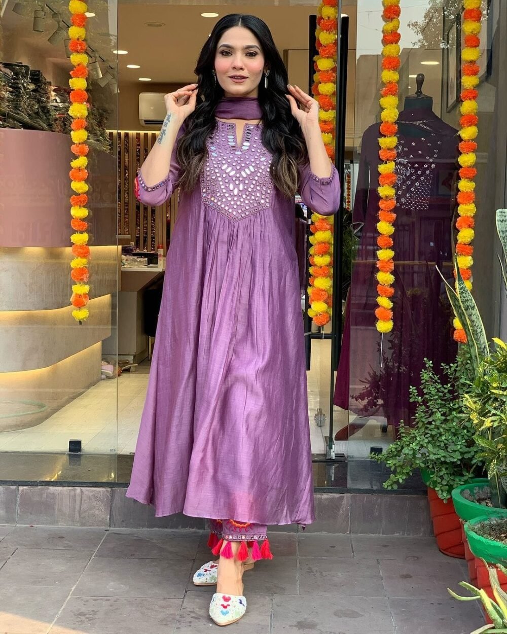 Hand Embroidered Anarkali 3-Piece Set in Chanderi with Flared Skirt - Image 6