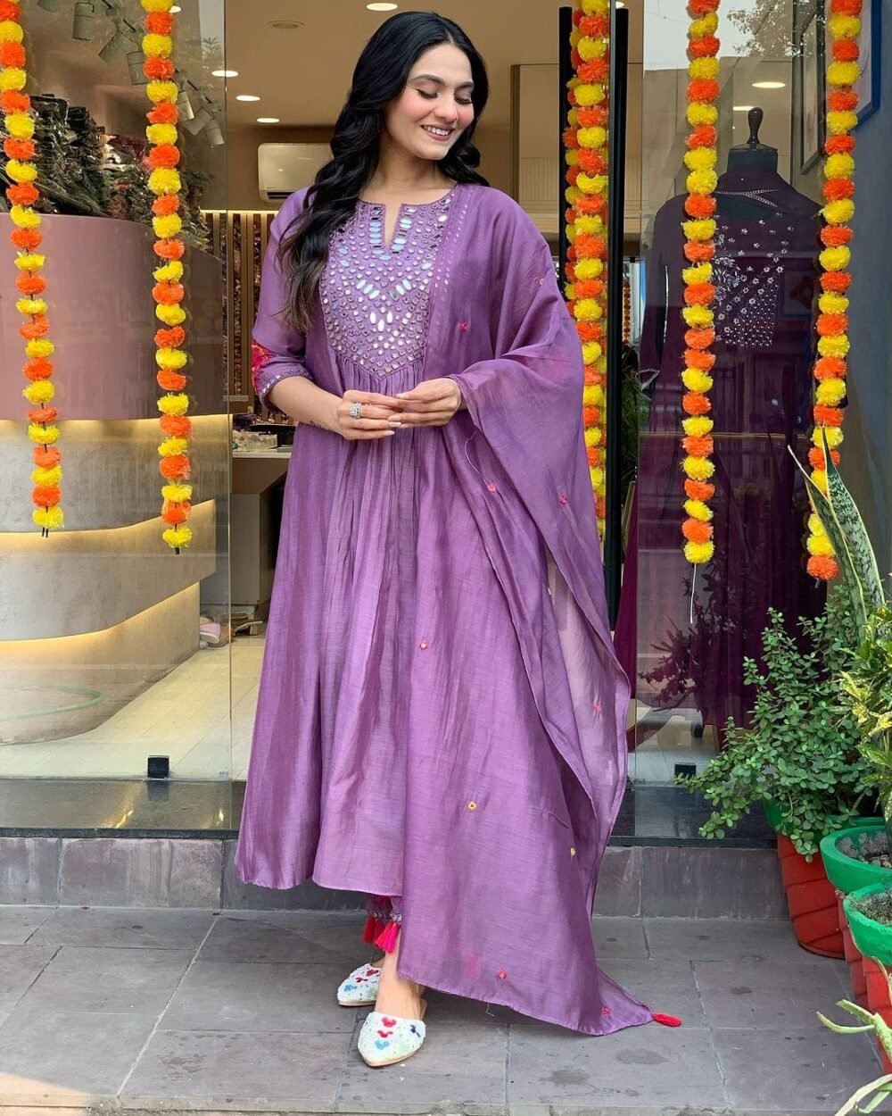 Hand Embroidered Anarkali 3-Piece Set in Chanderi with Flared Skirt - Image 7