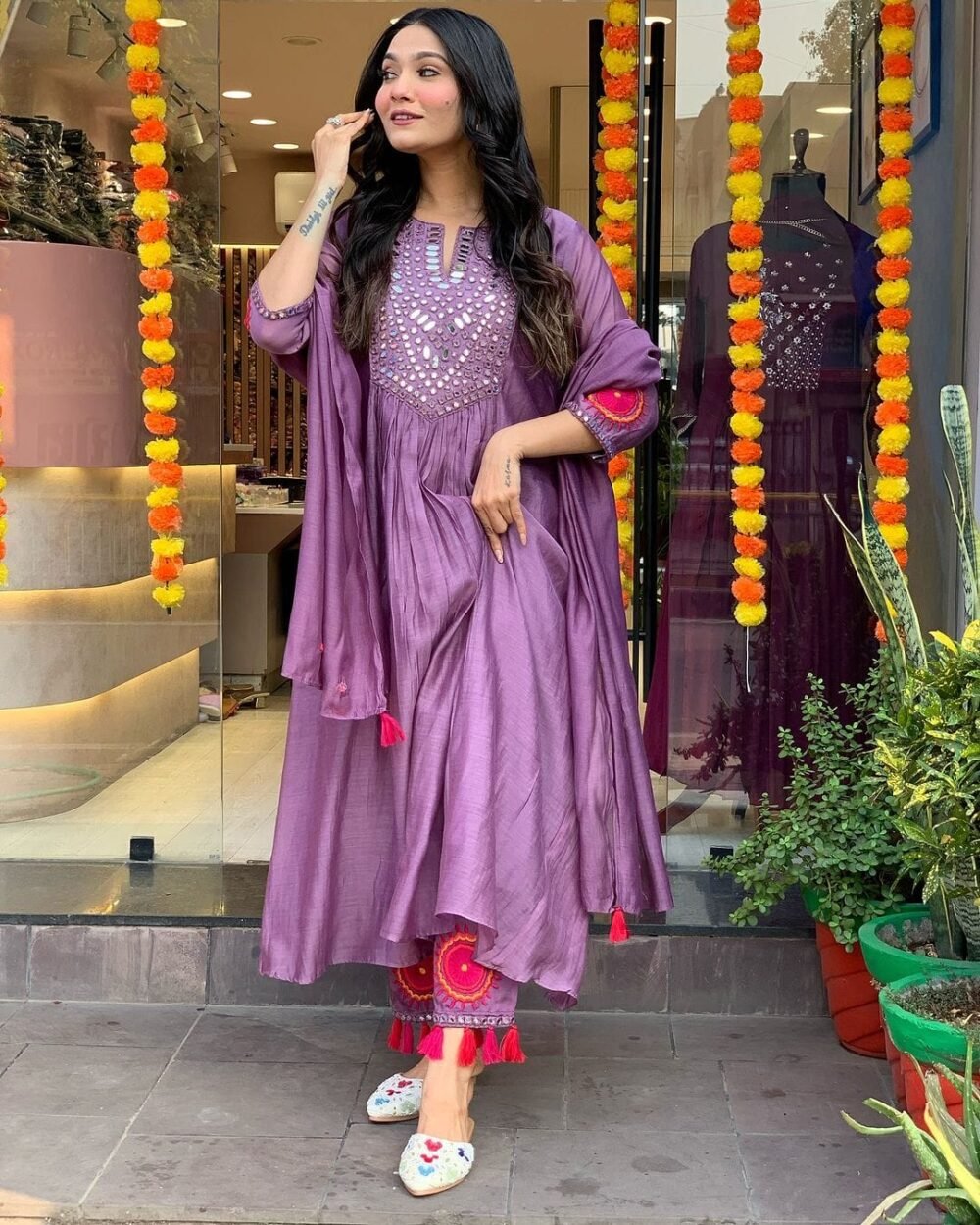 Hand Embroidered Anarkali 3-Piece Set in Chanderi with Flared Skirt - Image 10