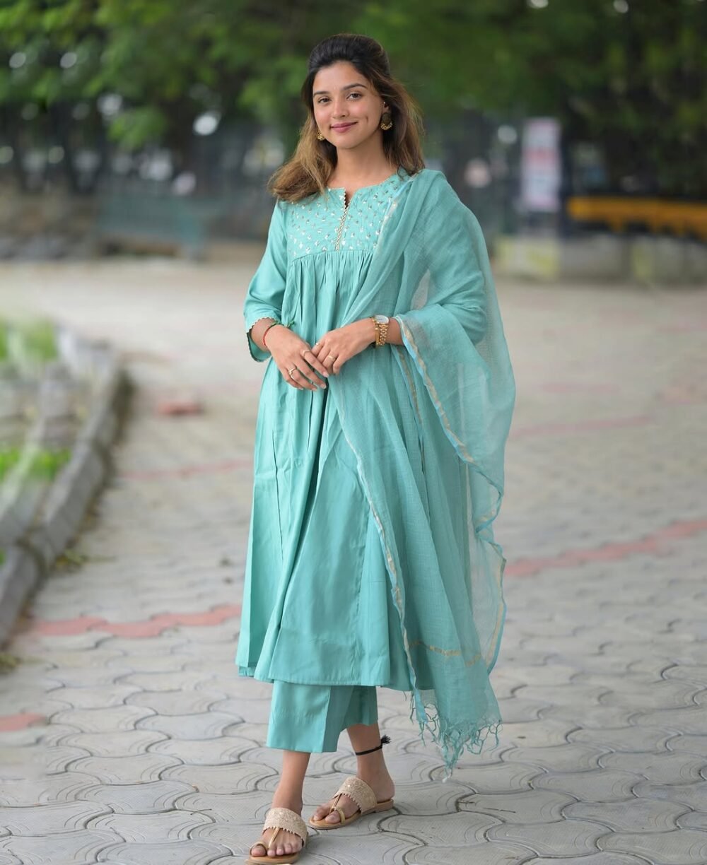 Anarkali Kurti Set with Motif Handwork & Kota Doria Dupatta