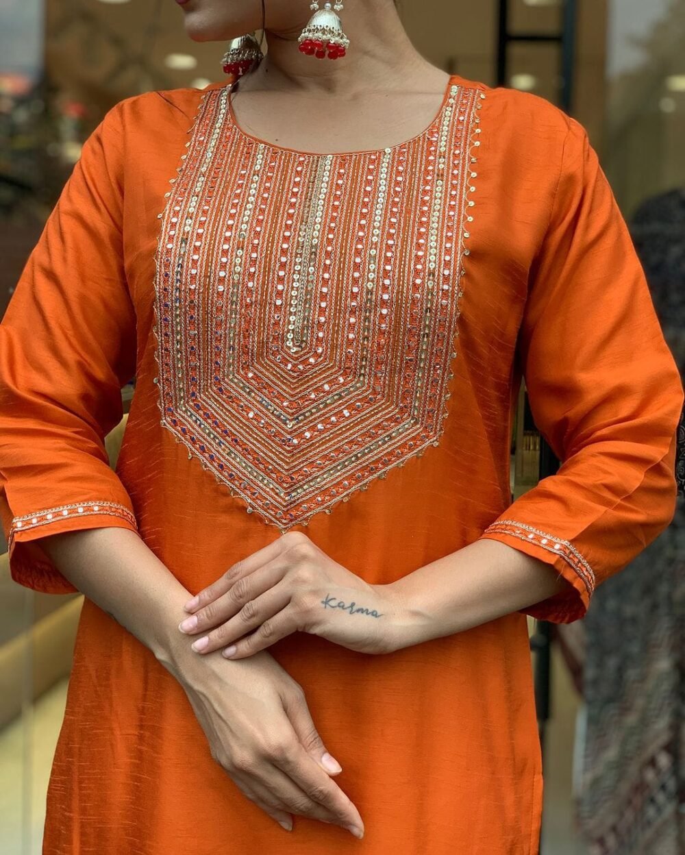 Pure Cotton Embroidered Kurta Set with Mirror - Image 3