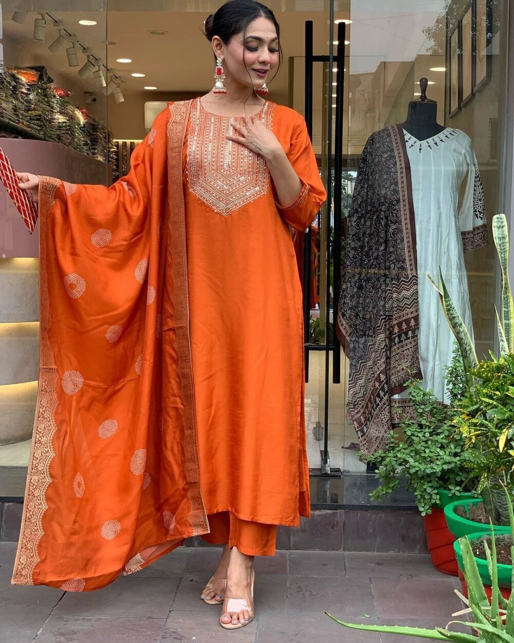 Pure Cotton Embroidered Kurta Set with Mirror - Image 4