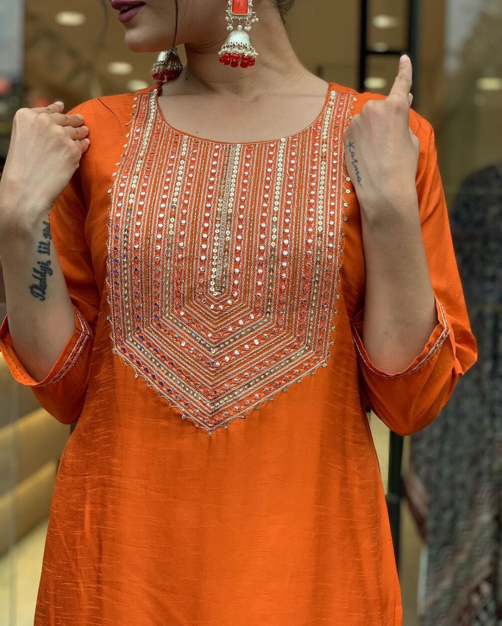 Pure Cotton Embroidered Kurta Set with Mirror - Image 6