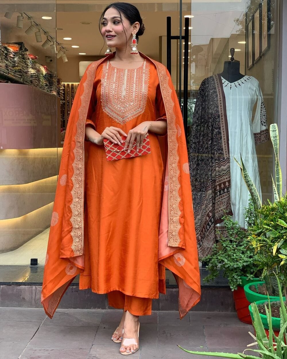 Pure Cotton Embroidered Kurta Set with Mirror - Image 7