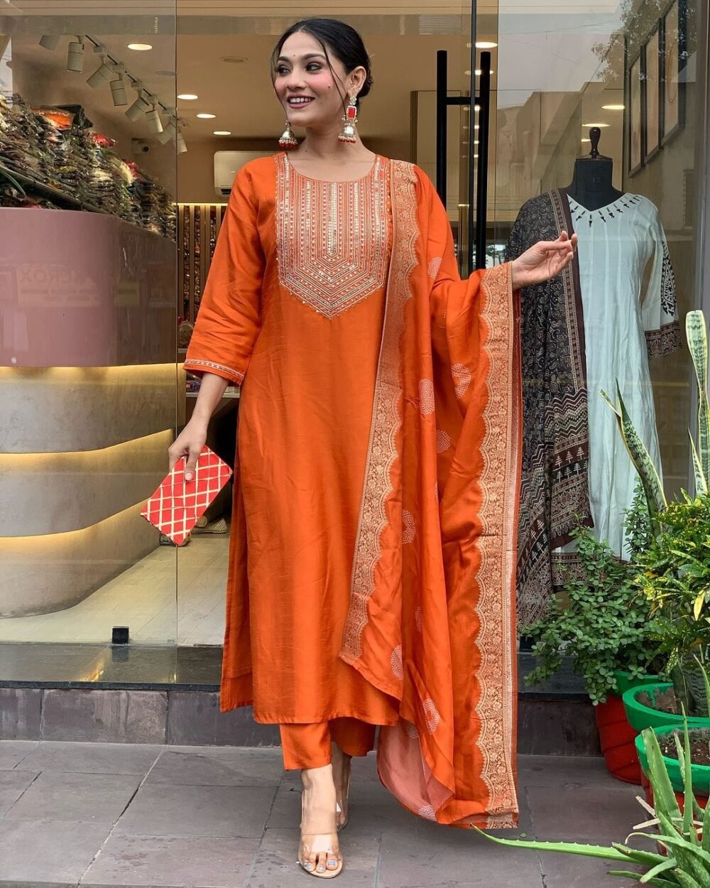 Pure Cotton Embroidered Kurta Set with Mirror - Image 2