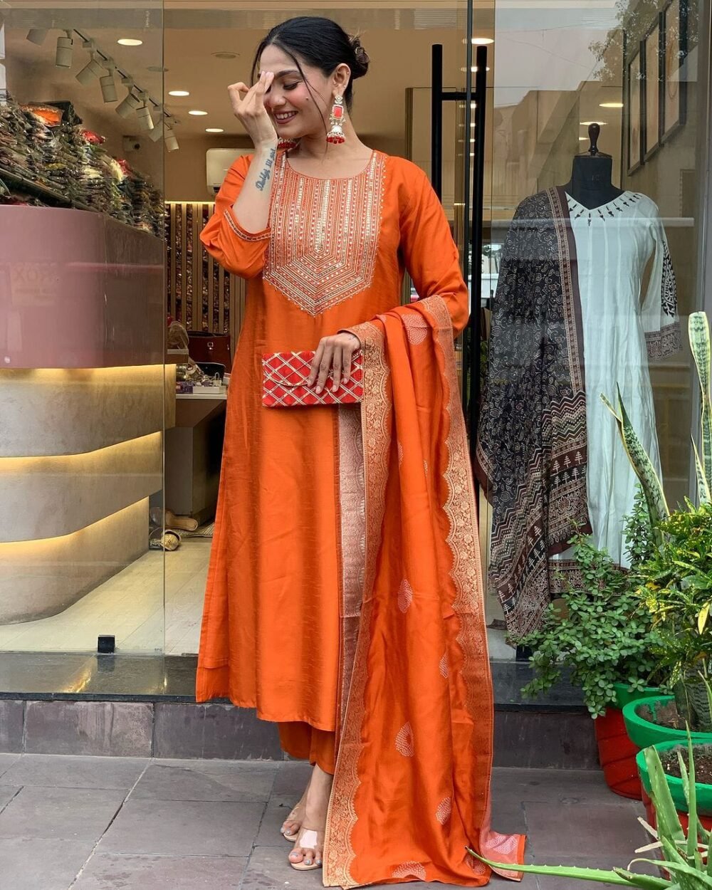 Pure Cotton Embroidered Kurta Set with Mirror - Image 8