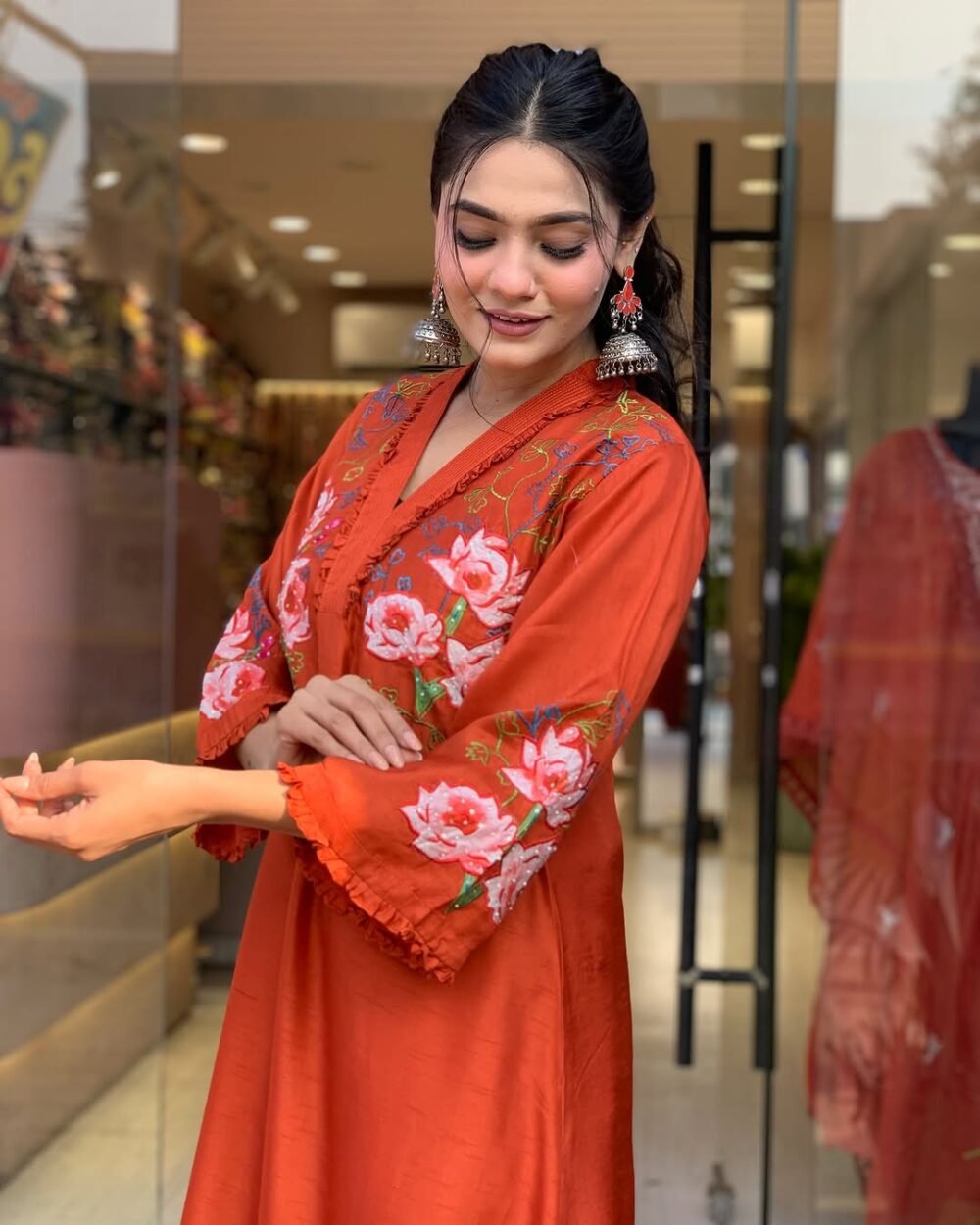 Festive Elegance: Embroidered Cotton Gher Kurti Set with Chanderi Dupatta - Image 9
