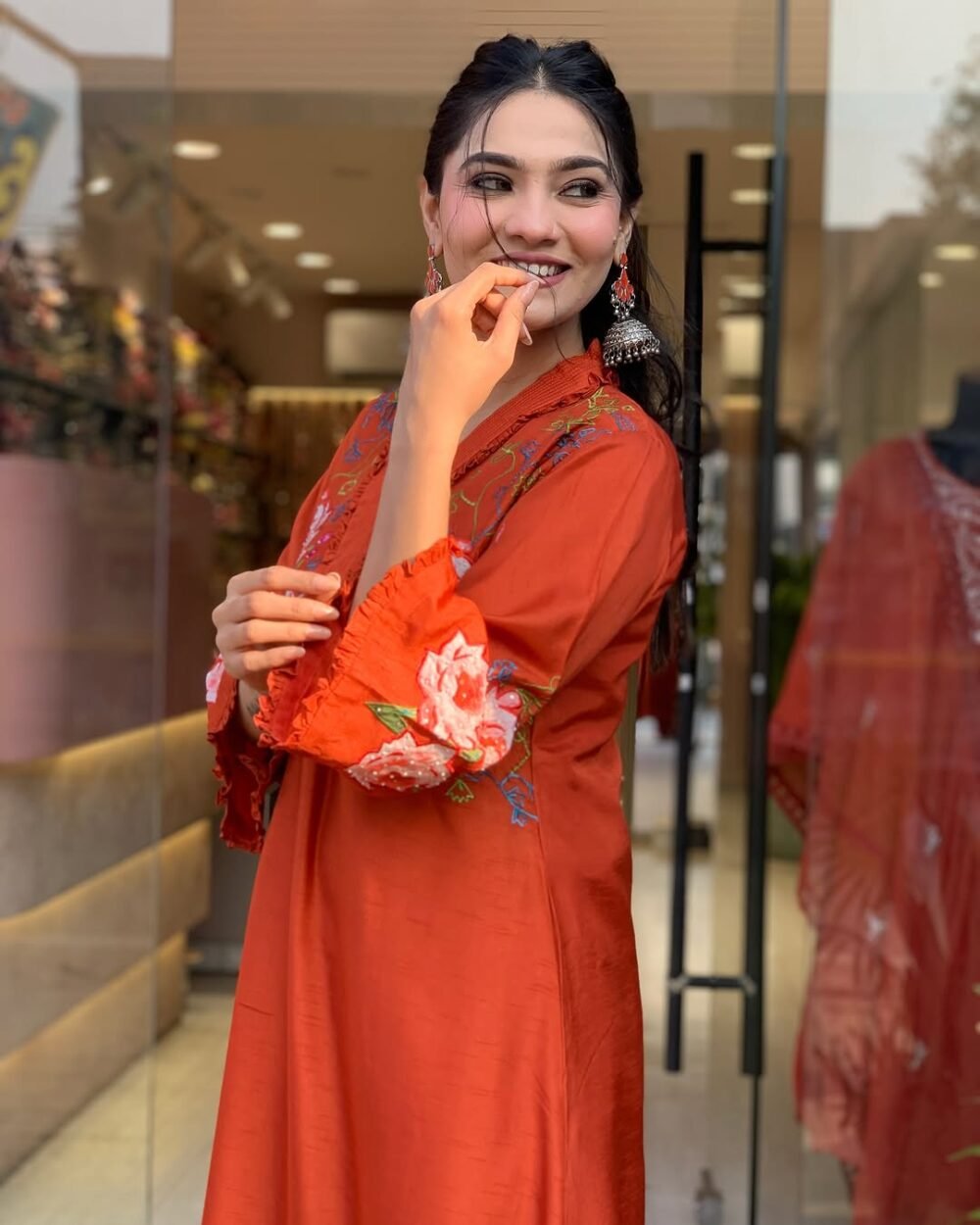 Festive Elegance: Embroidered Cotton Gher Kurti Set with Chanderi Dupatta - Image 8