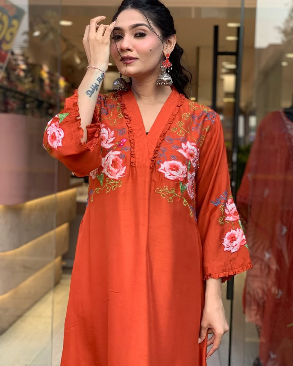 Festive Elegance: Embroidered Cotton Gher Kurti Set with Chanderi Dupatta - Image 7