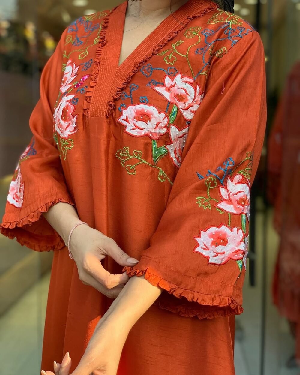 Festive Elegance: Embroidered Cotton Gher Kurti Set with Chanderi Dupatta - Image 6