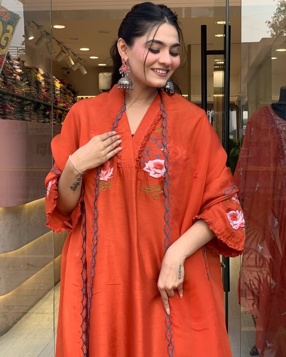 Festive Elegance: Embroidered Cotton Gher Kurti Set with Chanderi Dupatta - Image 5