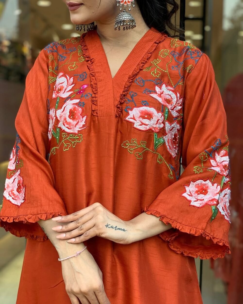 Festive Elegance: Embroidered Cotton Gher Kurti Set with Chanderi Dupatta - Image 4