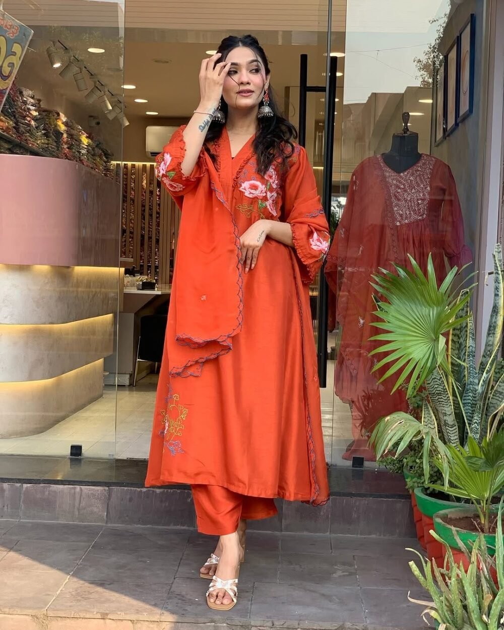 Festive Elegance: Embroidered Cotton Gher Kurti Set with Chanderi Dupatta - Image 3