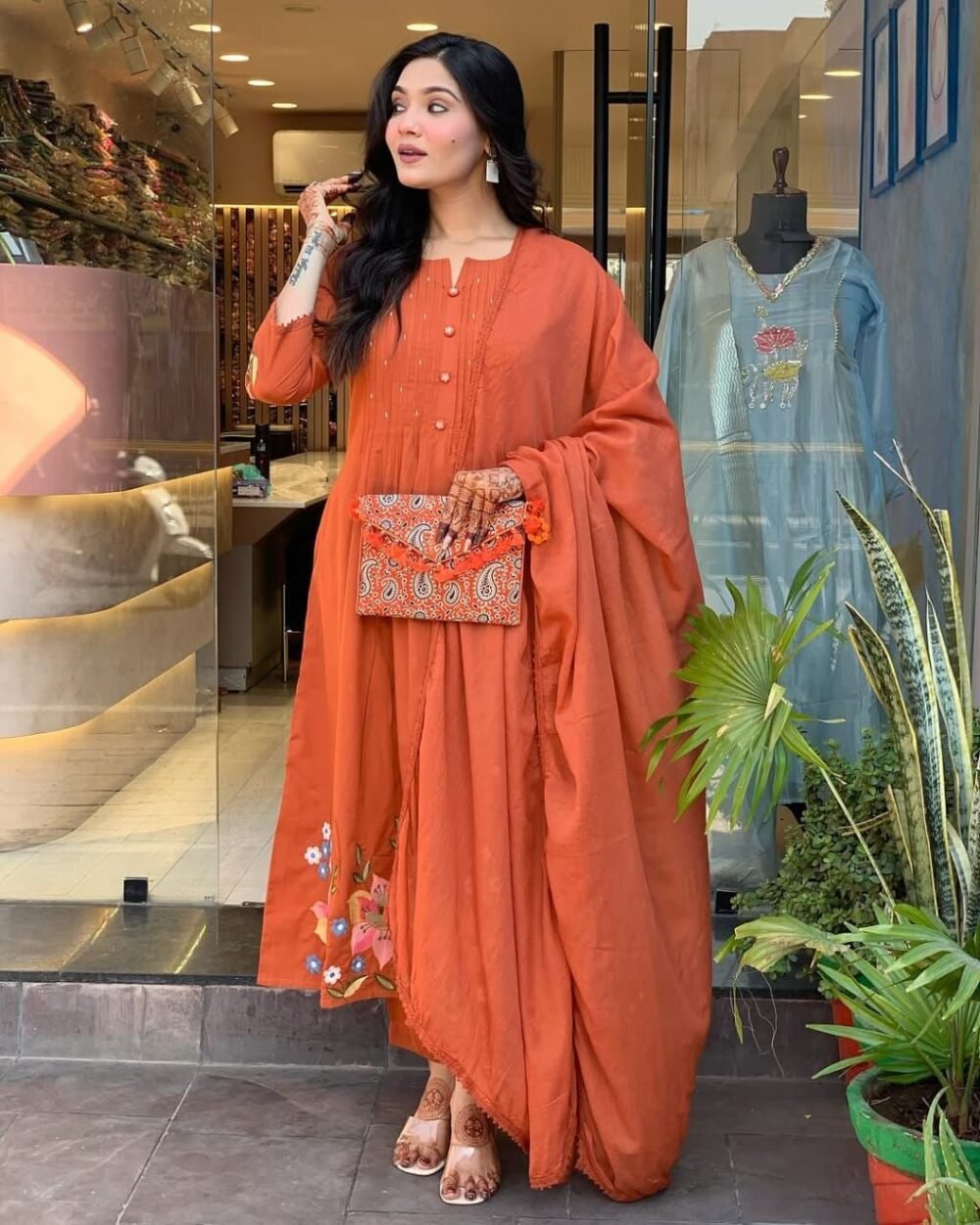 Pure Cotton Embroidered Kurta Set with Malmal Dupatta - Image 2