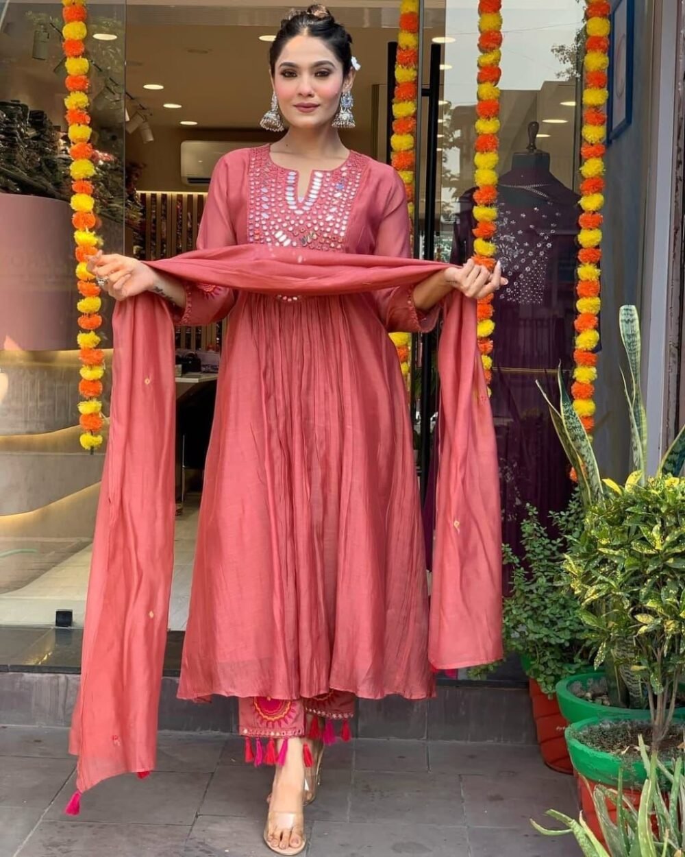 Elegant Embroidered Cotton Anarkali Set with Dupatta - Image 5