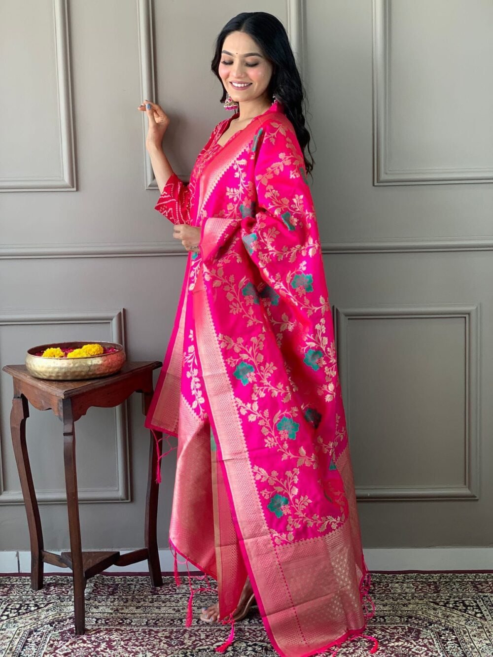Premium Handwork Bhandhej Print Kurti Pant Dupatta Set - Image 2
