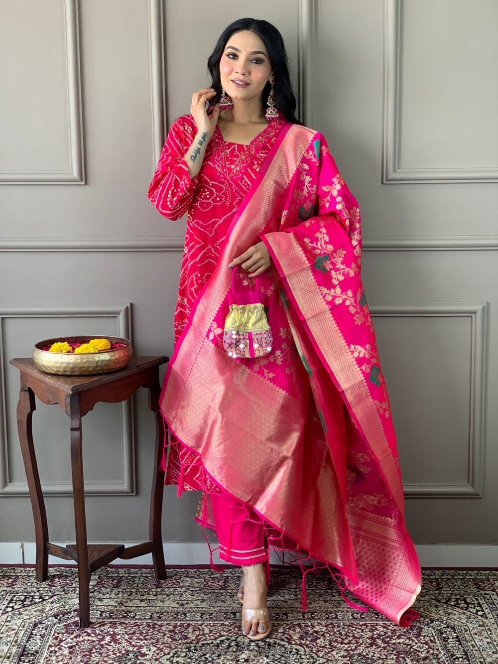 Premium Handwork Bhandhej Print Kurti Pant Dupatta Set - Image 3