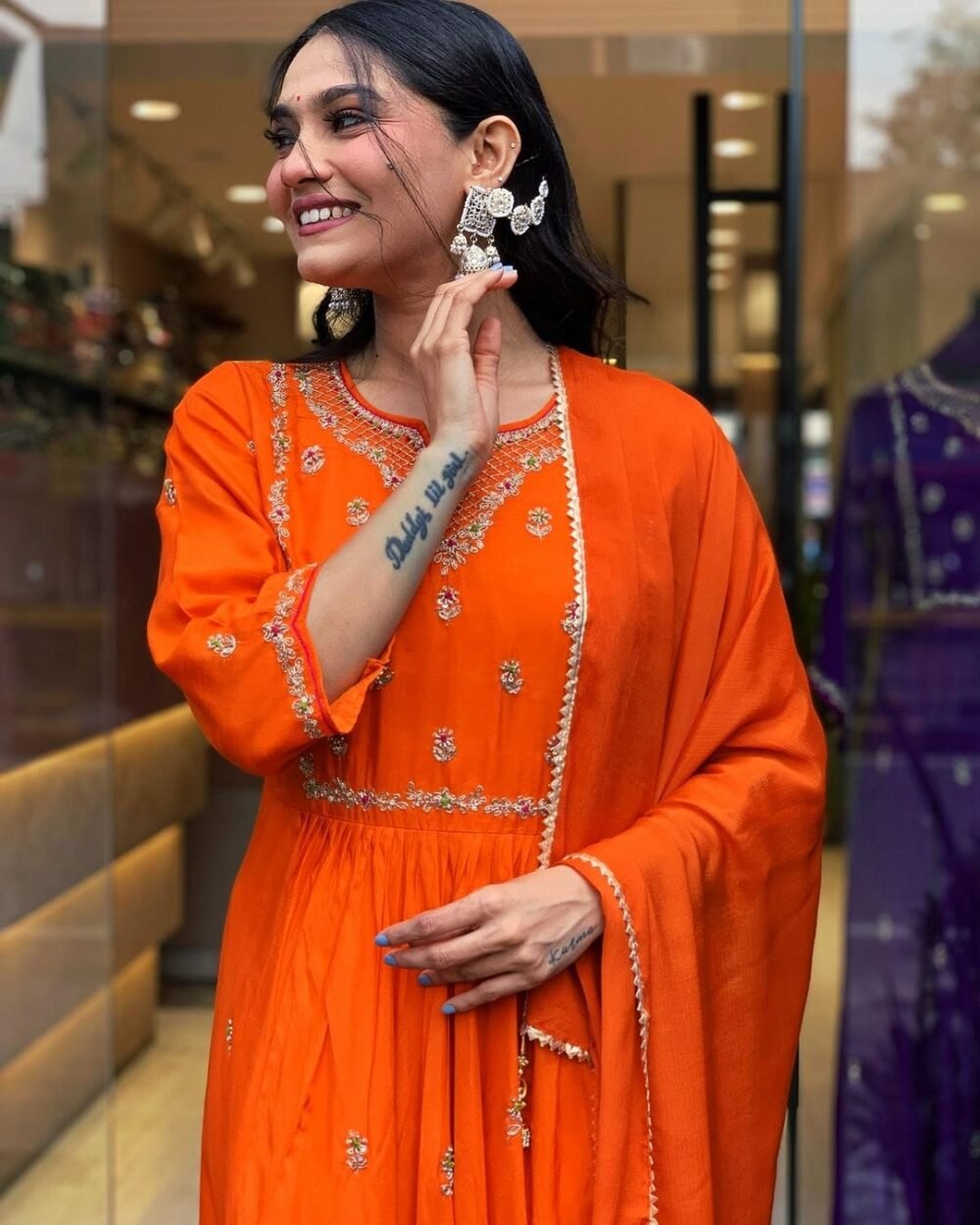 Rayon Gown Kurti Set with Embroidery, Pant, and Dupatta - Image 6