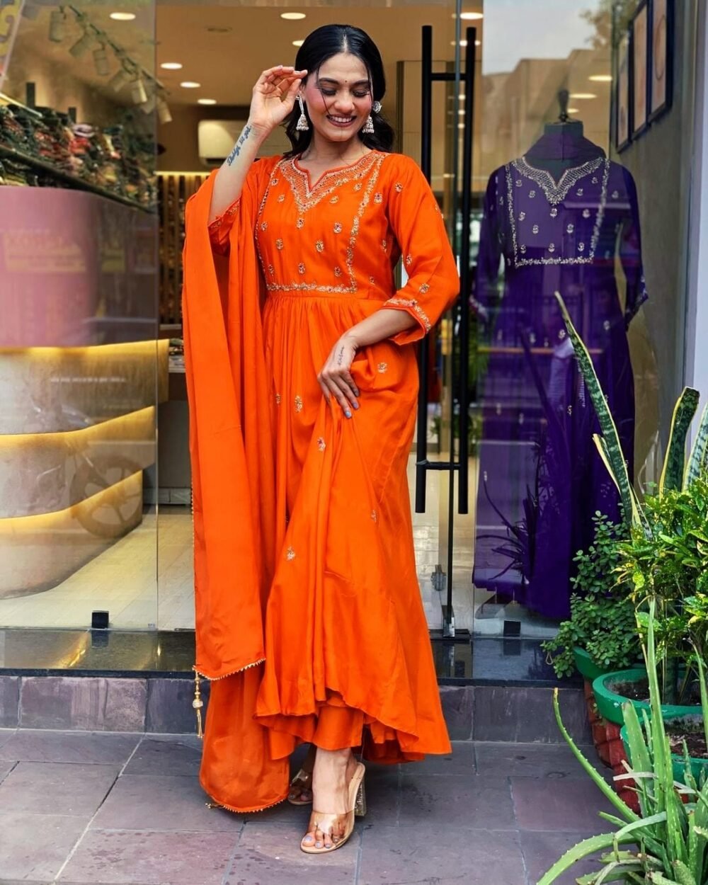 Rayon Gown Kurti Set with Embroidery, Pant, and Dupatta - Image 5