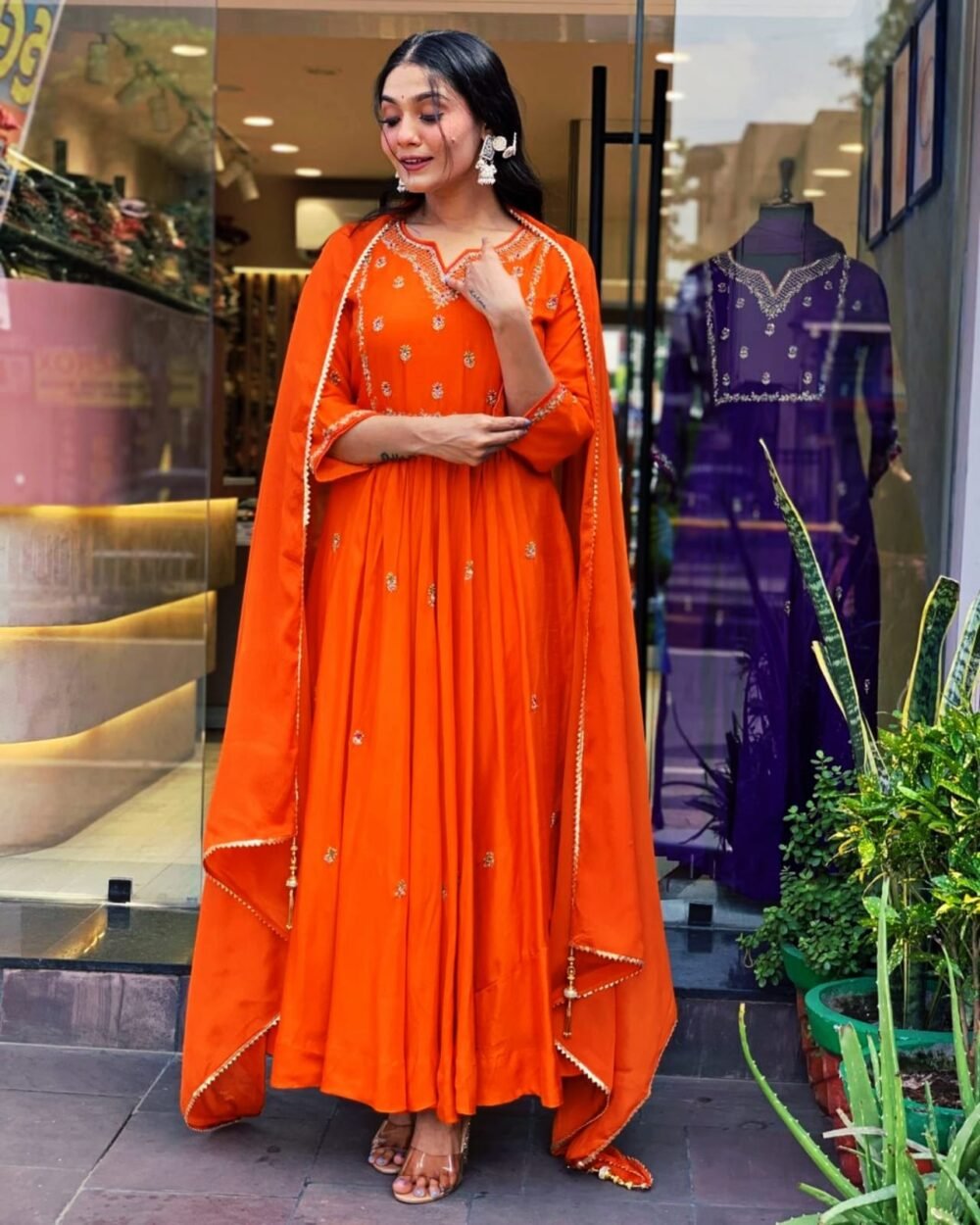 Rayon Gown Kurti Set with Embroidery, Pant, and Dupatta - Image 4