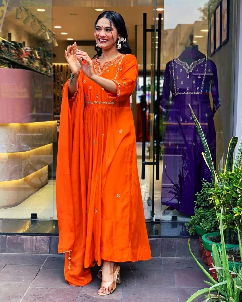 Rayon Gown Kurti Set with Embroidery, Pant, and Dupatta