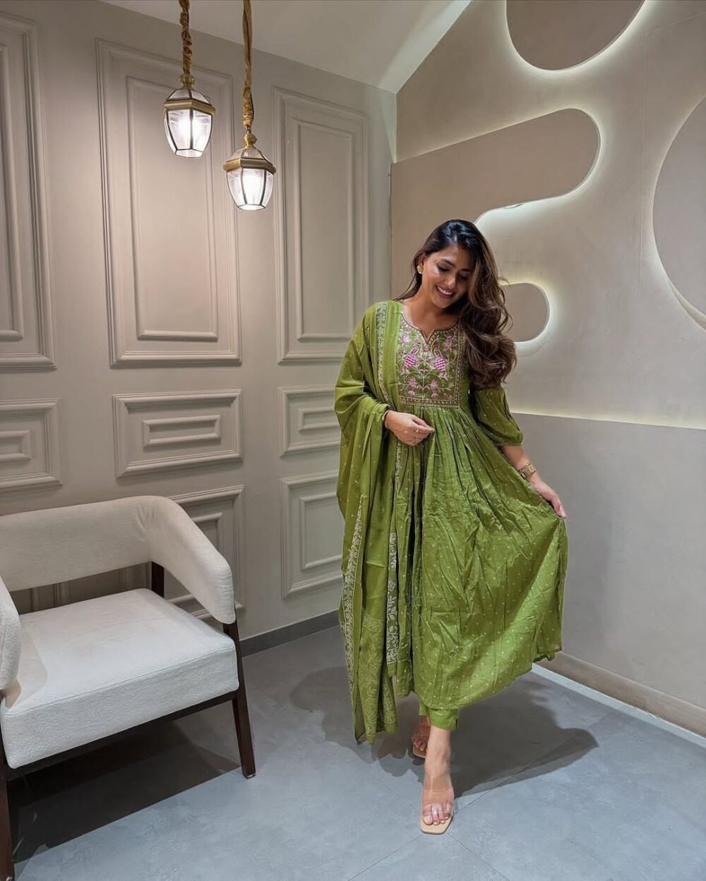 Anarkali Cotton Kurta Set with Embroidery and Malmal Dupatta - Image 5