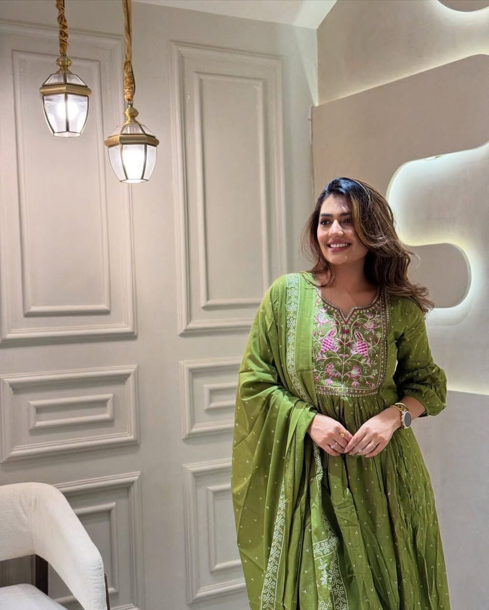 Anarkali Cotton Kurta Set with Embroidery and Malmal Dupatta - Image 3