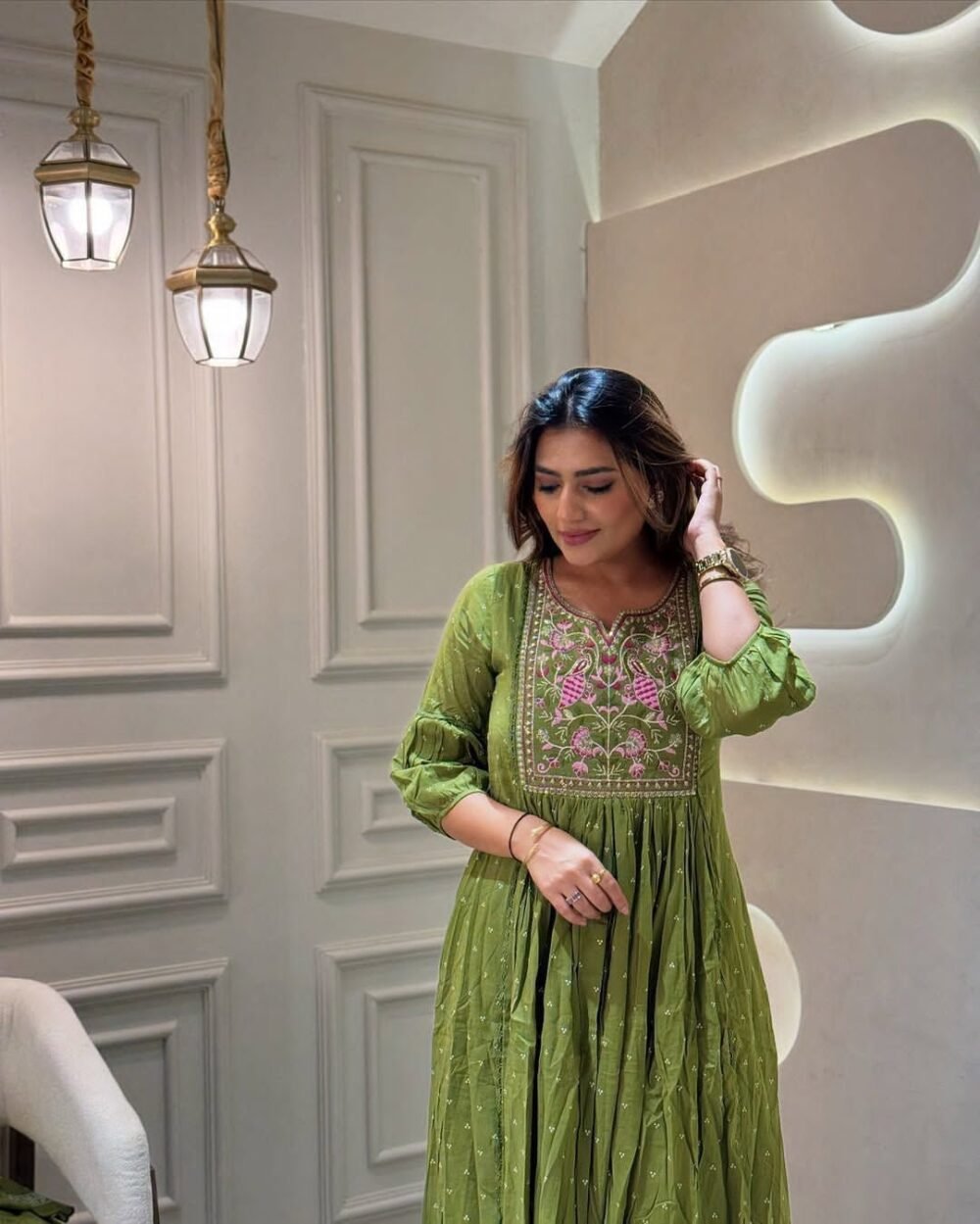 Anarkali Cotton Kurta Set with Embroidery and Malmal Dupatta - Image 6