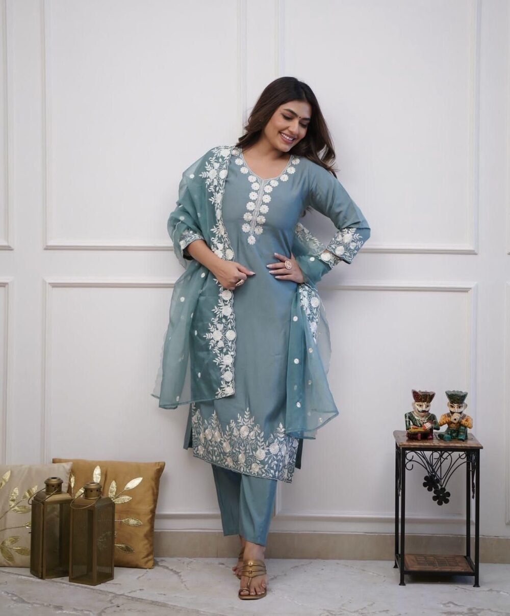 Silk Suit Set with Mirror & Thread Embroidery