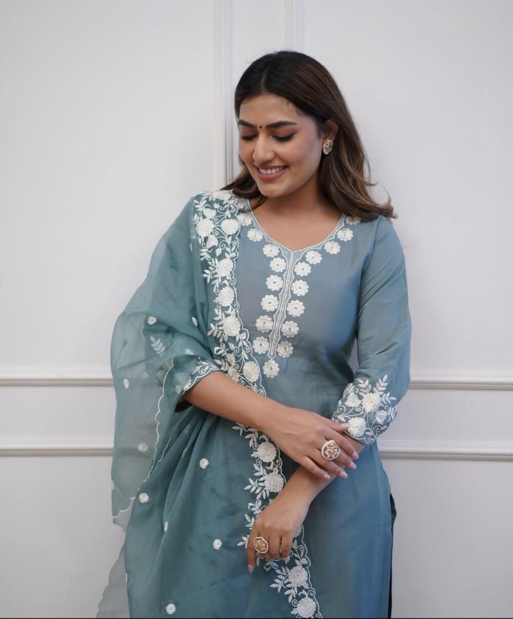 Silk Suit Set with Mirror & Thread Embroidery - Image 2