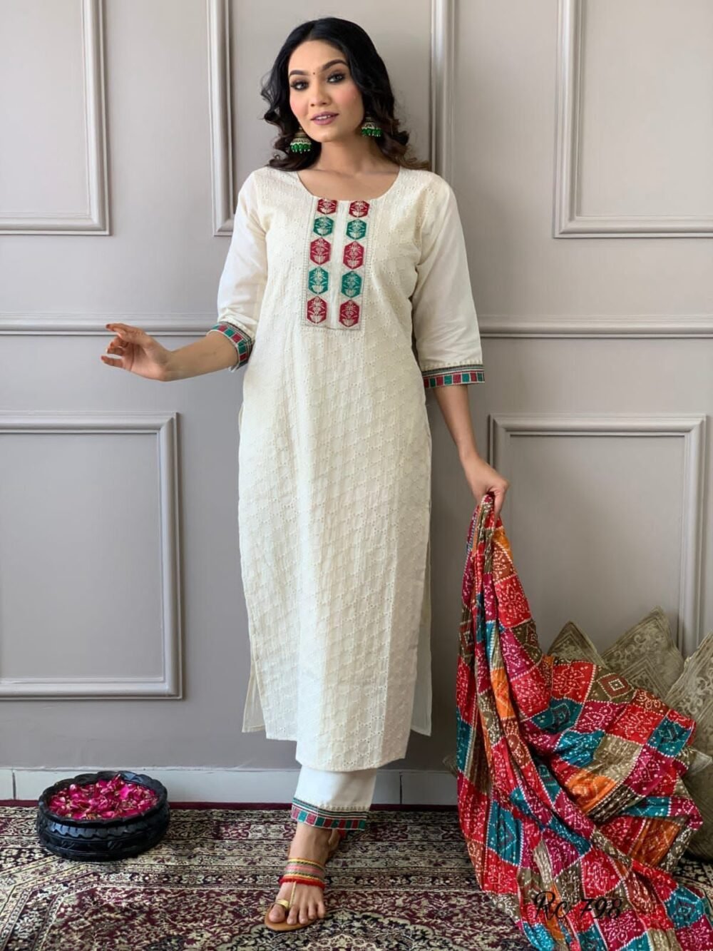 Chikankari Kurta Set with Printed Cotton Silk Dupatta - Image 4