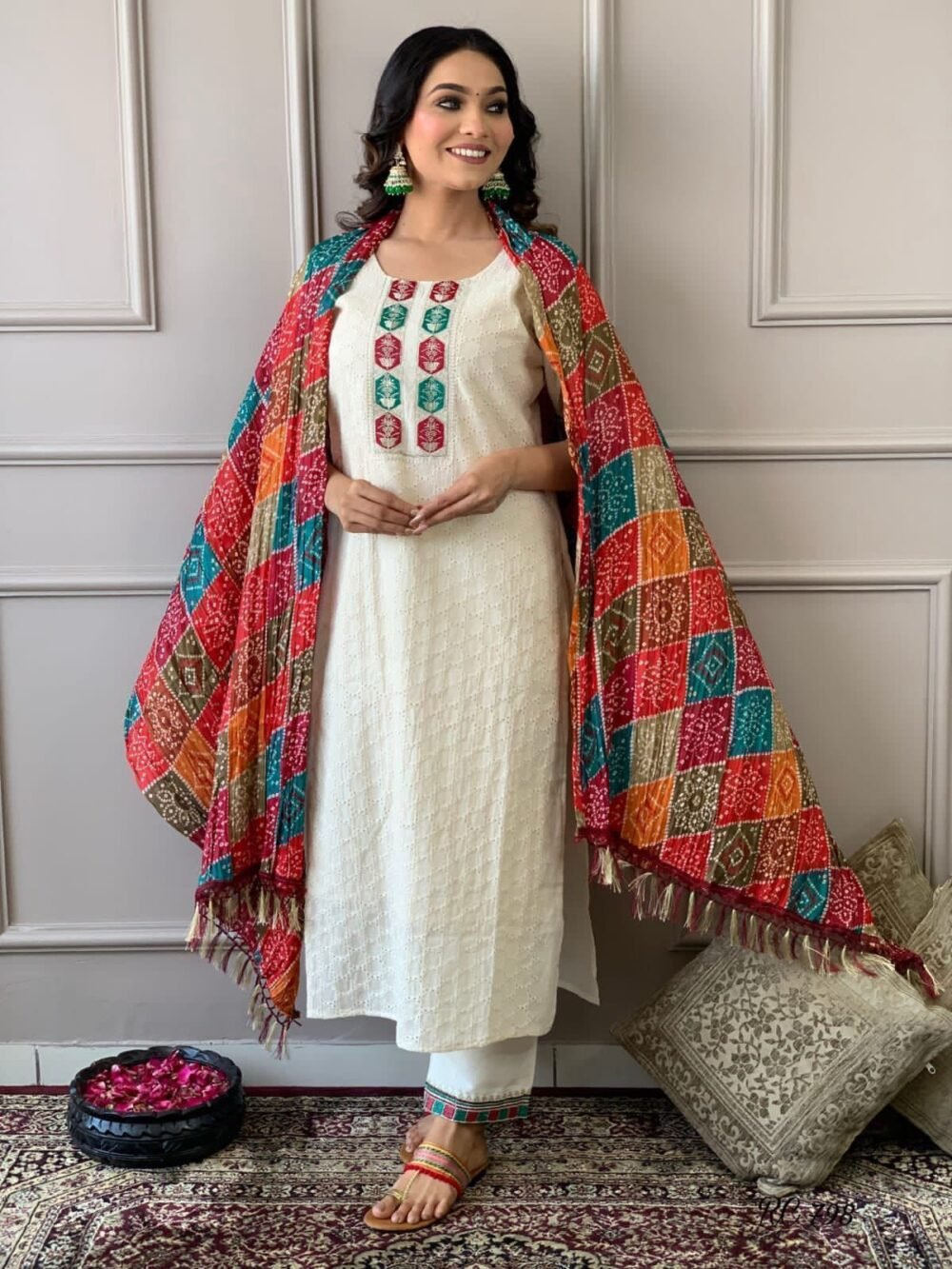 Chikankari Kurta Set with Printed Cotton Silk Dupatta - Image 5