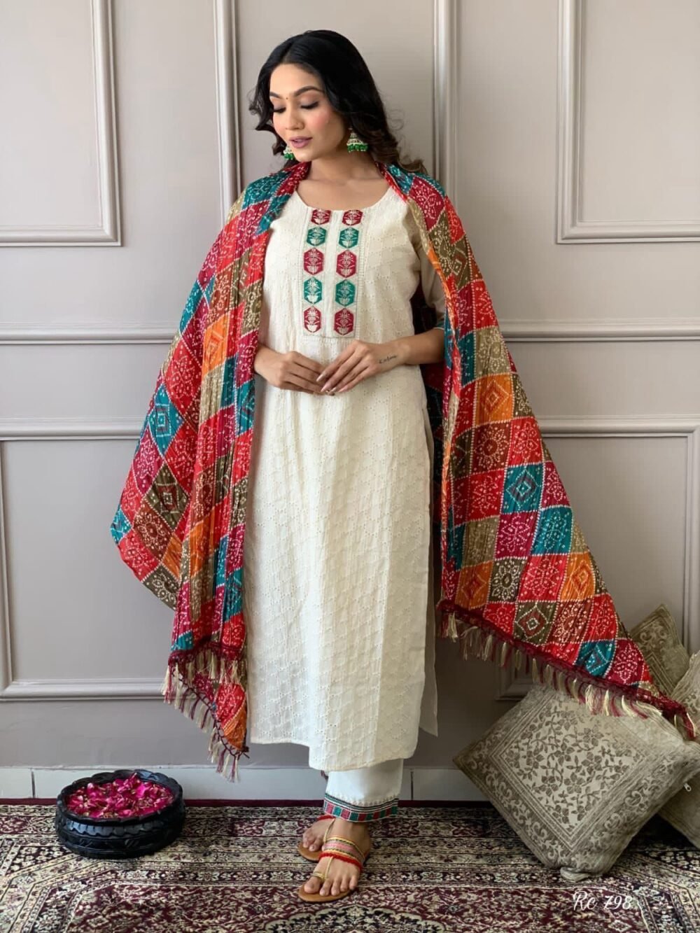 Chikankari Kurta Set with Printed Cotton Silk Dupatta