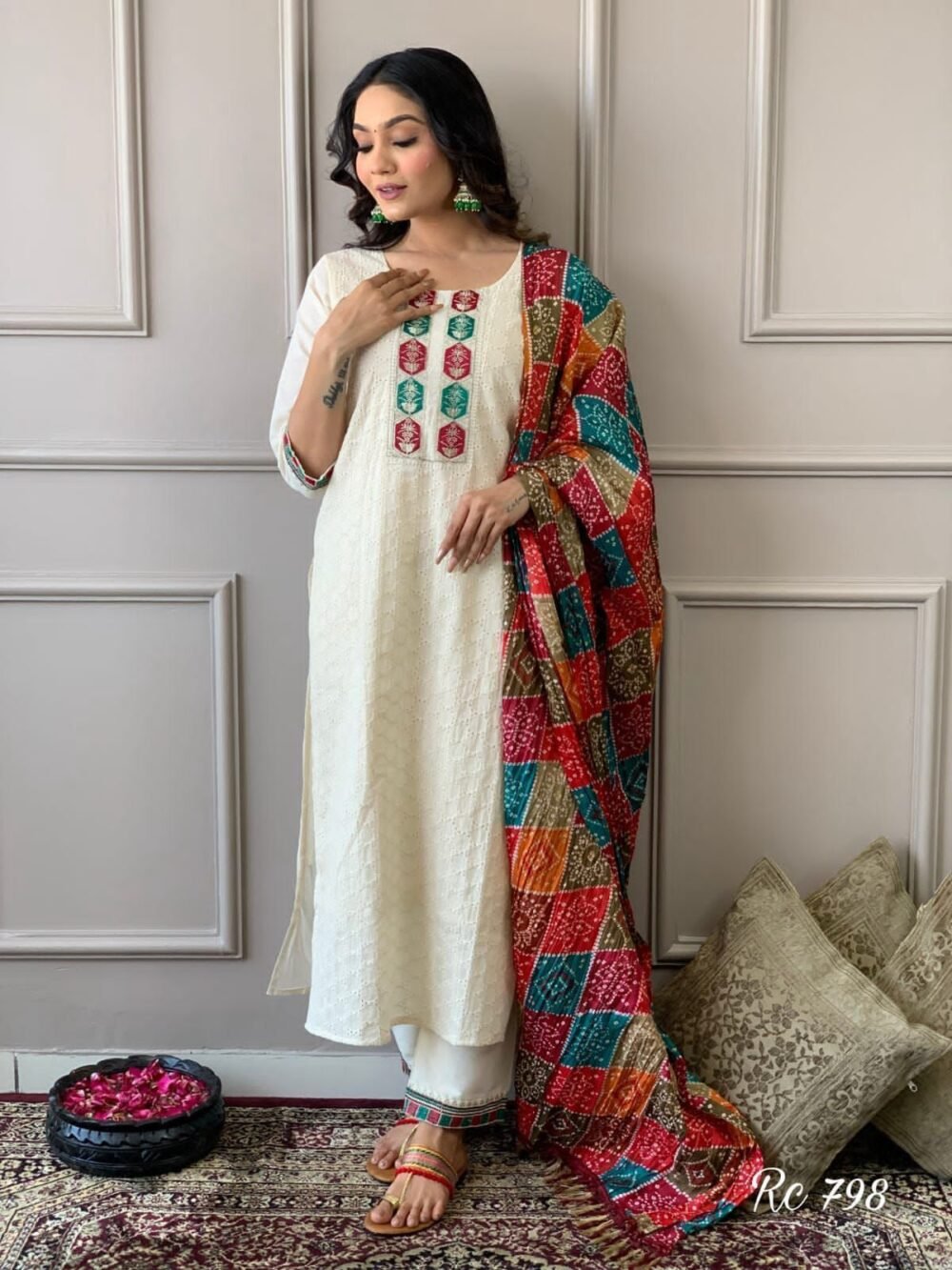 Chikankari Kurta Set with Printed Cotton Silk Dupatta - Image 2
