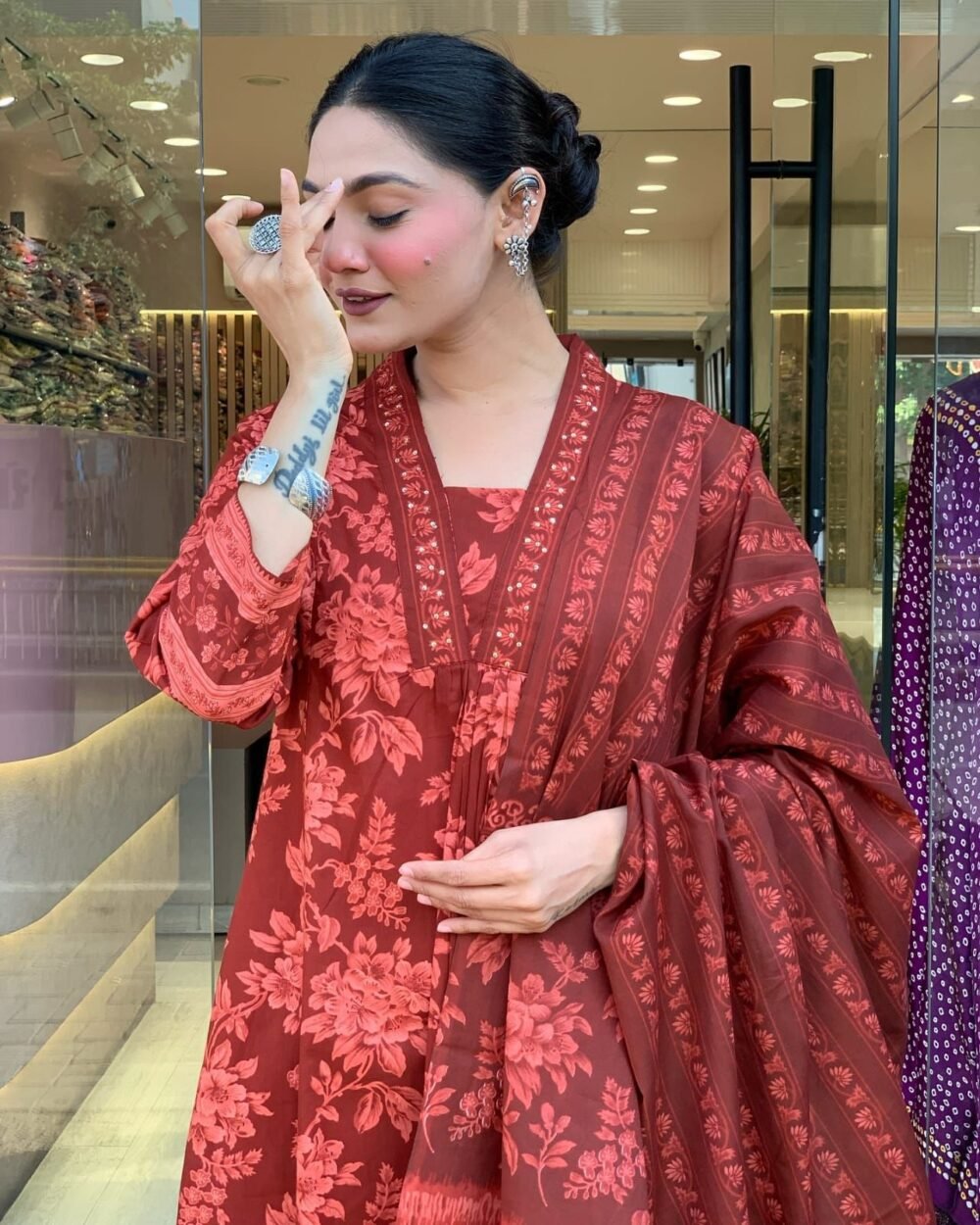 Block Print 3-Piece Kurta Pant Dupatta Set - Image 6