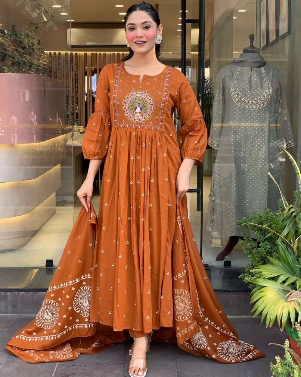 Anarkali Cotton Kurta Set with Embroidery and Malmal Dupatta - Image 3