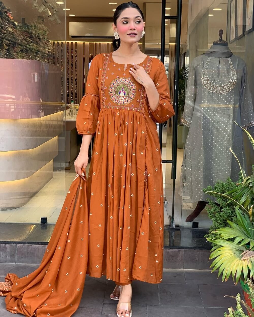 Anarkali Cotton Kurta Set with Embroidery and Malmal Dupatta - Image 4