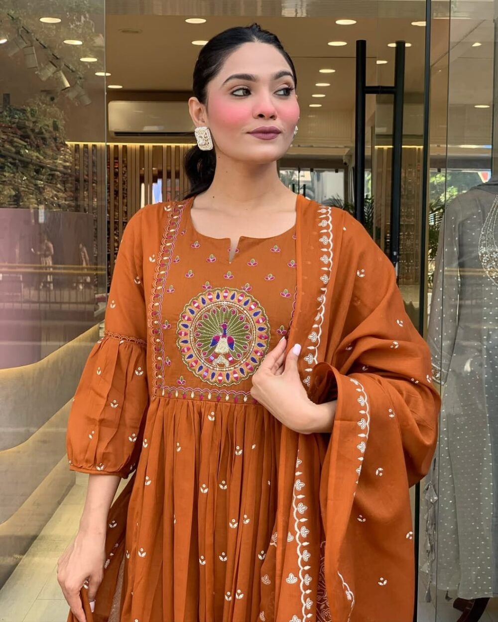 Anarkali Cotton Kurta Set with Embroidery and Malmal Dupatta - Image 5
