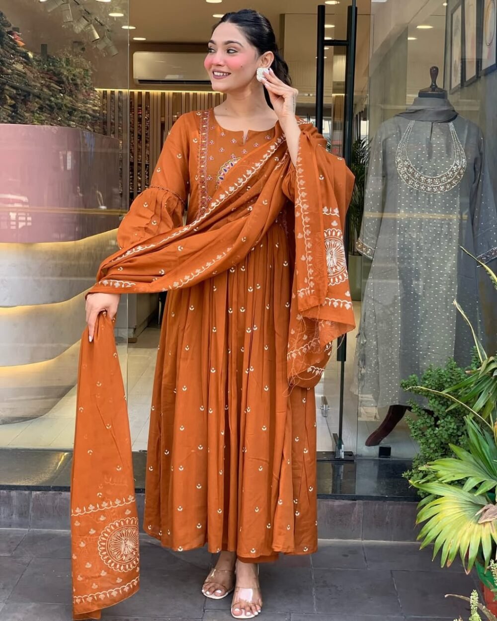 Anarkali Cotton Kurta Set with Embroidery and Malmal Dupatta - Image 6