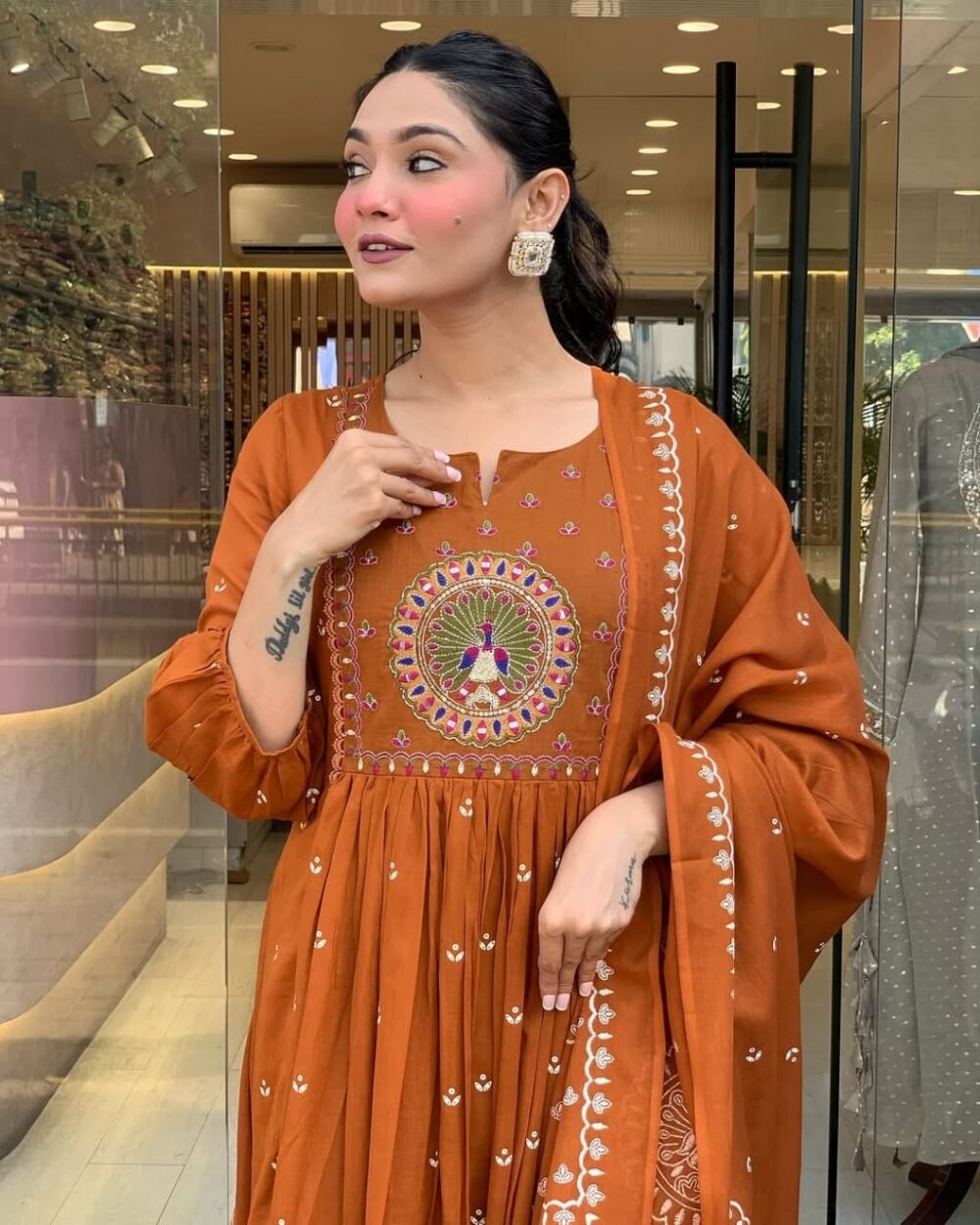 Anarkali Cotton Kurta Set with Embroidery and Malmal Dupatta - Image 9