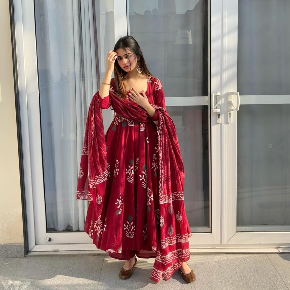 Cotton Anarkali Suit Set with Plazo & Mulmul Dupatta - Image 4